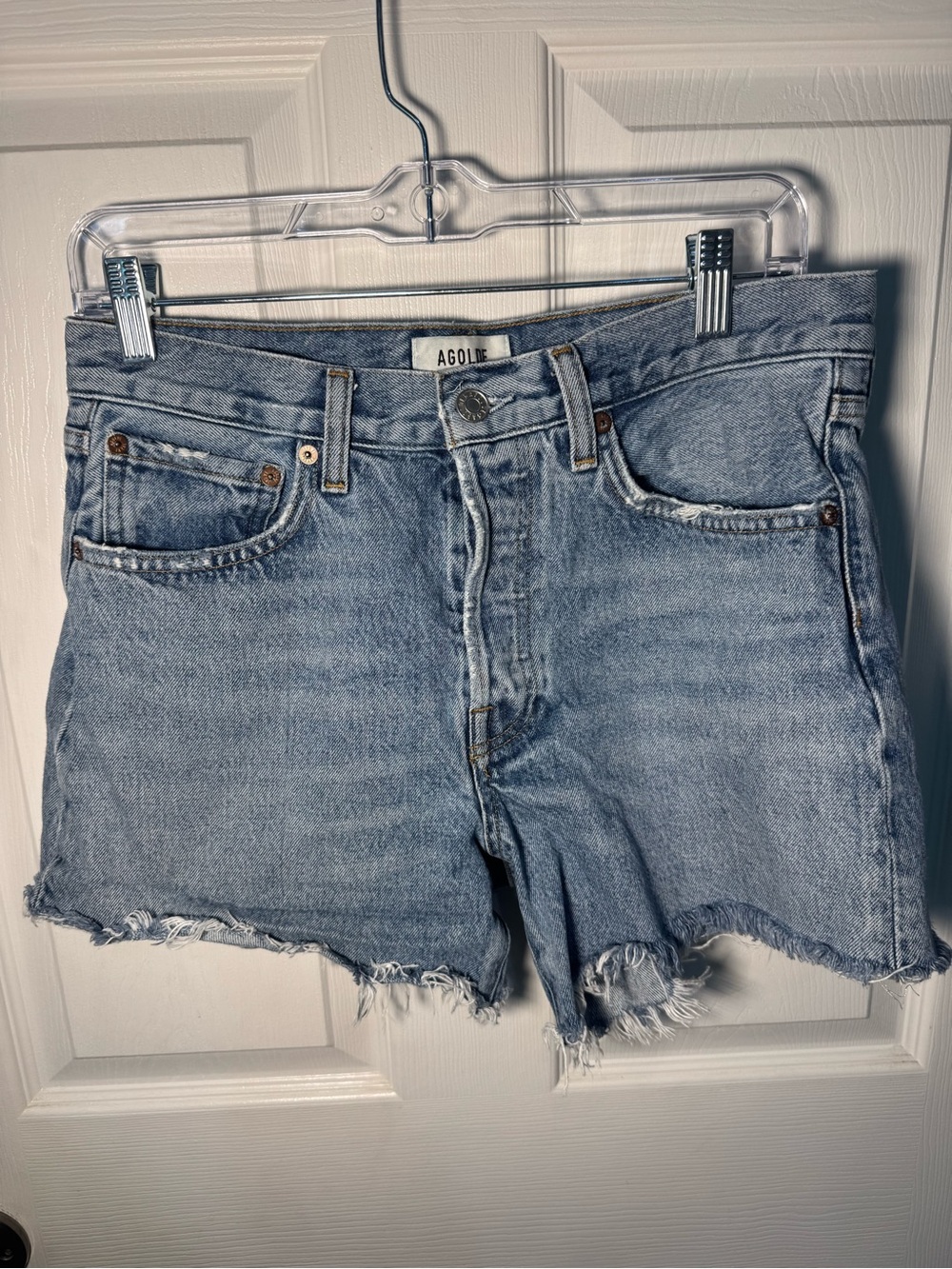 Agolde Light Blue Raw Hem High-Rise Denim Shorts